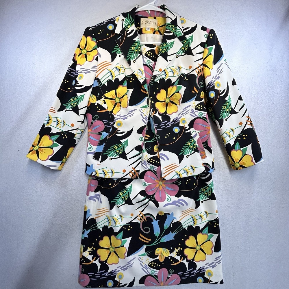 Vintage Alberto Makali Cache Floral Print Jacket and Dress Suit Size 6/8